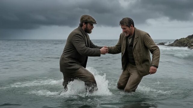 Two men navigating stormy sea helping each other regain footing in rough waters adventure