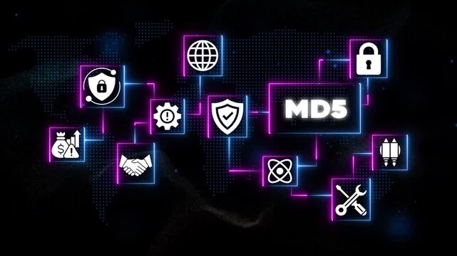 M D5 Hash Function Digital Security on Neon Network Background cybersecurity data protection