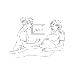 Continuous line drawing of doctor performing ultrasound scan on pregnant woman. Minimalist vector illustration of prenatal medical checkup, gynecology exam, and maternity care concept.
