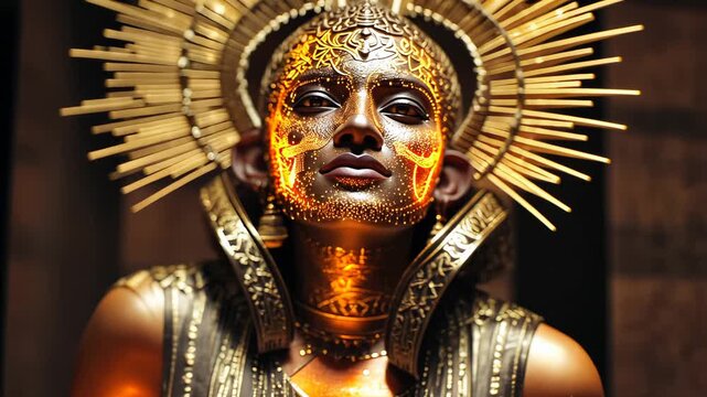 Golden Makeup & Ethereal Beauty: Embracing Ornate Headdress Fashion Portrait with Regal Attire and Dramatic Lighting in Photographic Art Inspired by Exotic Aesthetics and Ancient Influence