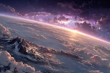 Fototapeta premium Majestic Earth from space at sunrise over purple aurora and snowy mountains and planetary horizon glow