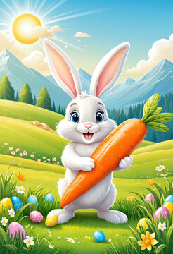 Animierter Hase h&auml;lt gro&szlig;e Karotte in sonniger Gebirgslandschaft