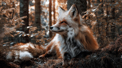 Obraz premium Detailed portrait of a wild red fox lying in a sunlit forest. The image captures the animal's alert expression and beautiful fur textures against a soft, atmospheric autumn woodland background