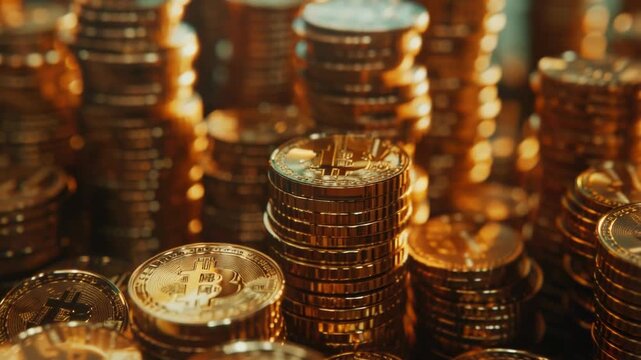 Video A stack of gold Bitcoins, a digital currency