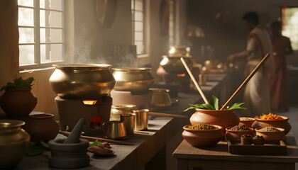 Traditional Indian Temple Kitchen with Steaming Brass Pots