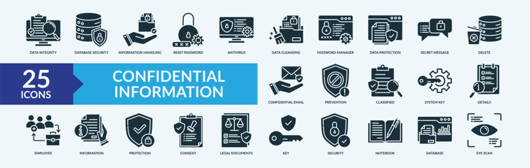 Confidential information icon set. Containing legal documents, security, notebook, eye scan and more. Outline vector icons collection
