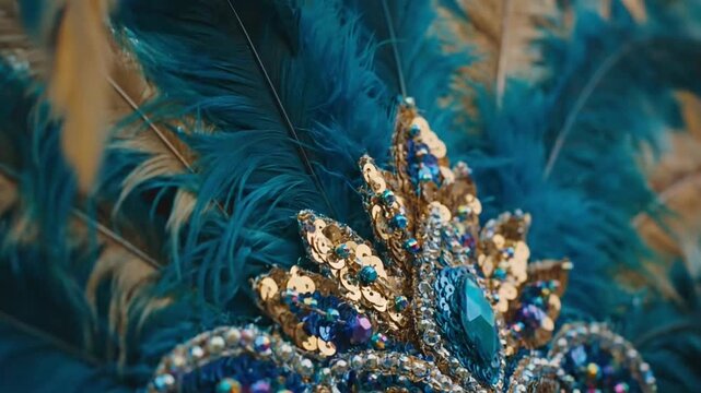 Macro close up of swaying teal feathers and gold sequins on intricate Caribbean carnival headdress costume for UK festival