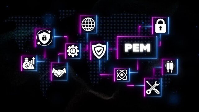 Cybersecurity and Technology Surrounding P E M Concept on Dark Background with Neon Accents shield