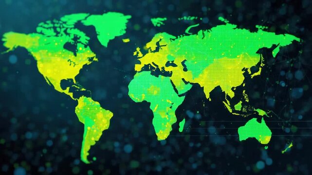 Green dotted world map digital concept with glowing data points and bokeh lights. world map digital