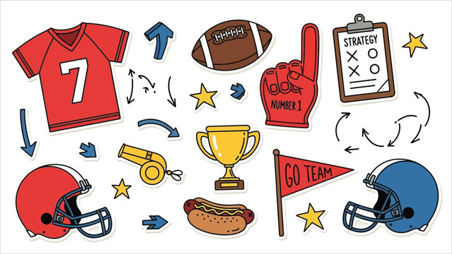  Hand-drawn American football vector illustration set featuring equipment, play icons, trophies, fan items, and doodle elements. Ideal for sports graphics and game day designs...eps