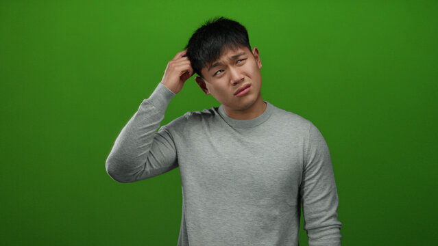 Young man with confused expression scratching head against green background, wearing casual gray sweater and isolated over vivid wall