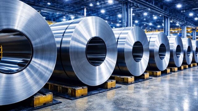 Rolls of galvanized steel sheet inside the factory or warehouse.
