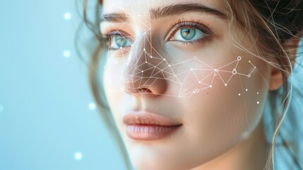 Close-up face of a beautiful young woman with a digital wireframe mesh overlay. Concept of biometric recognition, artificial intelligence, and technological skin analysis
