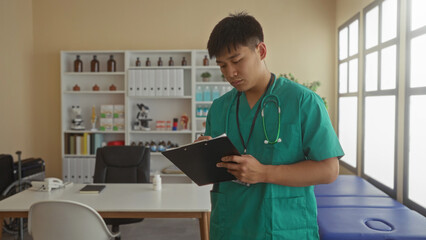 Fototapeta premium Young man doctor in green scrubs holding clipboard in a hospital clinic room with shelves windows and medical equipment indicating a professional healthcare setting indoors.