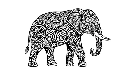 Fototapeta premium Intricate black and white illustration of an elephant adorned with detailed swirling and floral patterns, showcasing a decorative and artistic style.