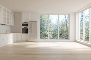 Fototapeta premium Modern white kitchen with large windows overlooking a forest.