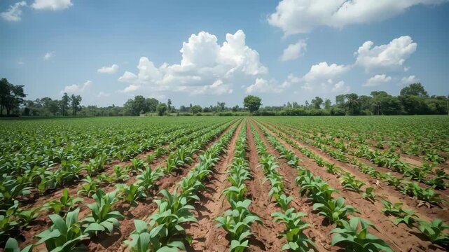 Young crop field with orderly rows of green seedlings and soil blue sky fluffy clouds plantation