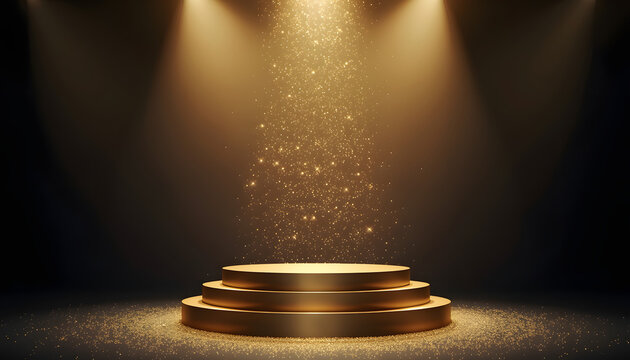 Golden Podium Spotlight Stage with Falling Glitter for Award Ceremony