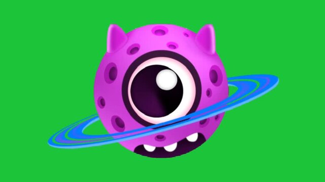 Cute one eyed purple monster planet with ring floating on green background 3d cartoon animation loop