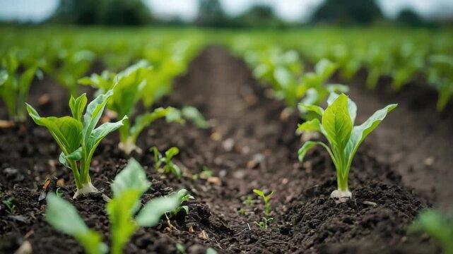 Young vegetable seedlings sprouting fertile soil with bright green leaves and hopeful morning light