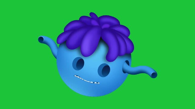 Cute blue alien character with purple hair and funny horns isolated on green background seamless loop animation