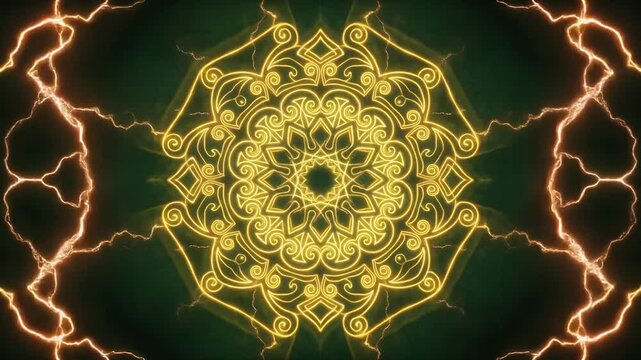 Electric energy flows through a vibrant firefly mandala creating a dynamic visual journey in motion art