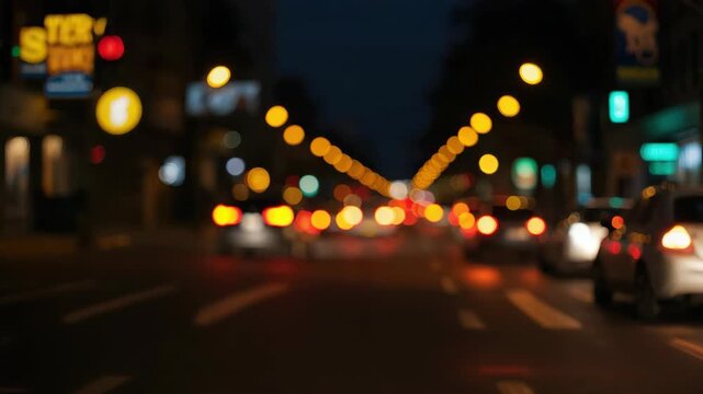 Moody blurred city street at night with bokeh car light glow and warm atmosphere