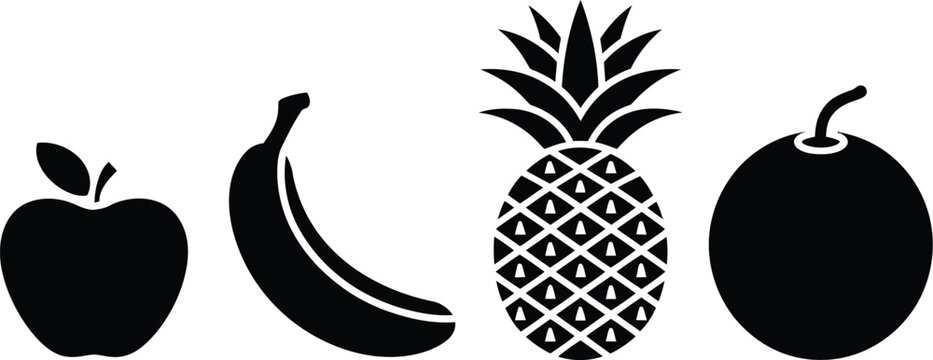 Fruit silhouette illustration set, vector collection of four assorted fruits including apple, banana, pineapple, and orange in clean black silhouette style for food design, nutrition graphics, menus, 