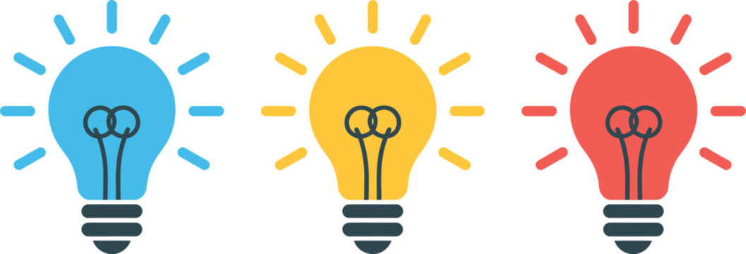 Light bulb idea illustration set, vibrant colorful bulbs symbolizing innovation, inspiration, creativity, problem-solving, and intellectual breakthrough for business concepts and modern design project