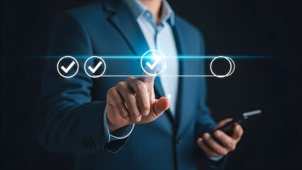 Businessman in a suit selecting option on digital touchscreen interface with checkboxes
