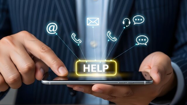 Businessman holding smartphone with virtual help icons hovering above the screen - Powered by Adobe