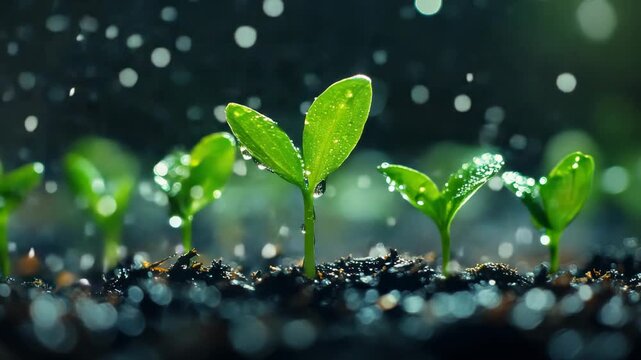 Seedlings grow in rich soil under gentle rain at a garden in spring season capturing nature's cycle of life