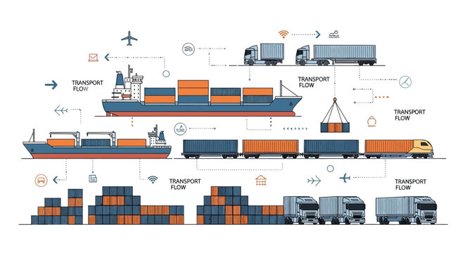 An infographic illustrating the global logistics and transportation network, showcasing a container being transported by ship, airplane, and truck, with various symbols and arrows depicting