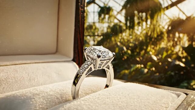 A dazzling, highly detailed diamond ring is exquisitely presented in an open, plush velvet-lined jewelry box. The brilliant gemstone, likely an engagement ring, shimmers with radiant sparkles and colo