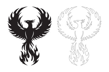 Fototapeta premium Phoenix bird silhouette and outline with flames