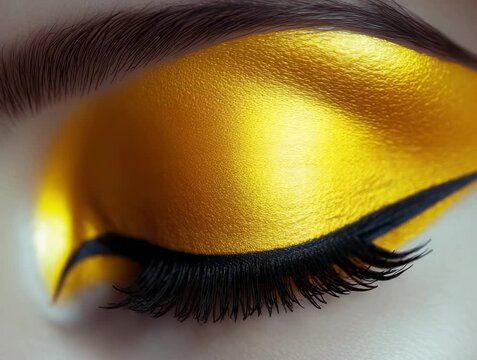 Eye makeup tutorial with bright yellow eyeshadow and bold eyeliner used for a striking look