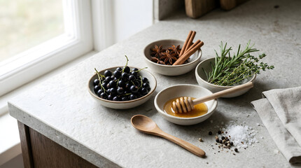 Ingredients for homemade black currant syrup with honey, herbs and spices on kitchen countertop, rustic natural food preparation scene with window light and copy space