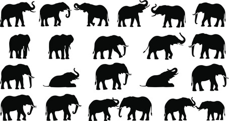 Black Elephant Silhouettes Collection Featuring African and Indian Elephants with Tusks and Trunks in Various Poses like Walking Standing and Sitting Isolated on White Background Vector © Shariyar Pantho