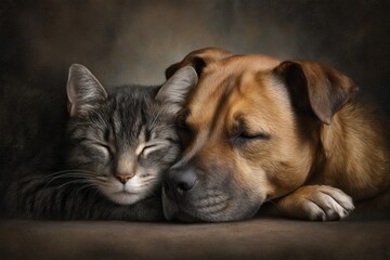 Obraz premium Cat and dog sleeping together in peaceful close up, animal friendship concept for companionship, love, trust and harmony