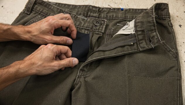Closeup medium shot capturing the partial insertion of halfback elastic in durable mens work trousers focusing on hands guiding fabric and elastic.