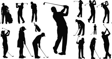 Obraz premium Golf player silhouettes collection showing golfers swinging putting and tee shots isolated on white background vector illustration set professional sport action poses design