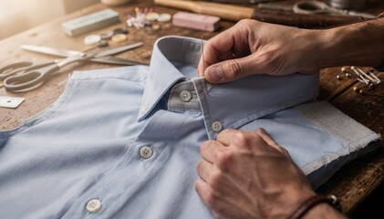Craftsman sewing a buttondown collar focusing on button placement and reinforced interfacing for durability perfectly capturing the handson garment construction process.
