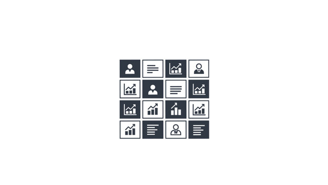 Grid pattern of various business and data icons symbolizing multifarious tasks, integrated systems, and comprehensive management solutions.
