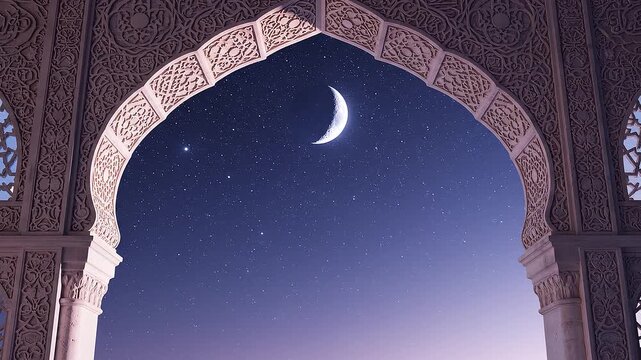 Crescent moon viewed through ornate archway at night in Islamic architecture