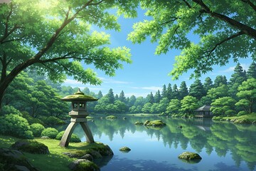 鮮やかな新緑と石灯籠が池に映える、青空の下の広大な日本庭園 / A Vast Japanese Garden Under a Clear Blue Sky with Fresh Greenery and a Stone Lantern Reflected on the Still Pond