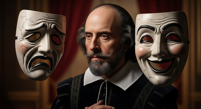 Shakespeare standing between tragedy and comedy masks