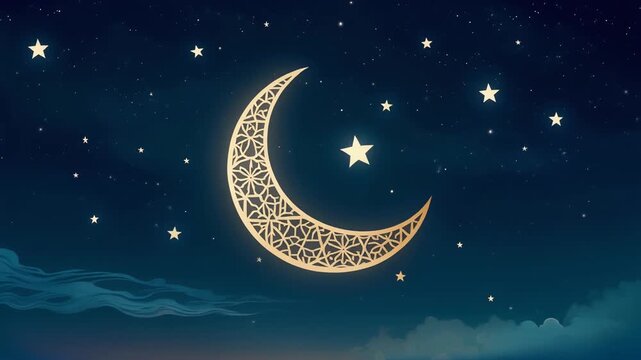 Glowing crescent moon with intricate design under starry night sky with clouds, used for Ramadan or Islamic celebrations