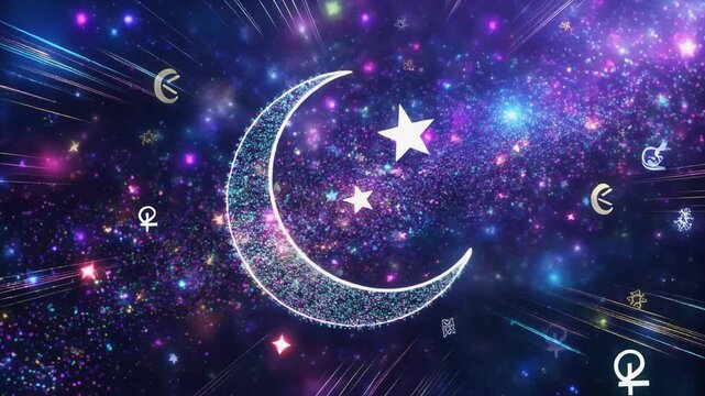 Glowing crescent moon with star and zodiac symbols in vibrant, celestial night sky background, for astrology or space themed uses