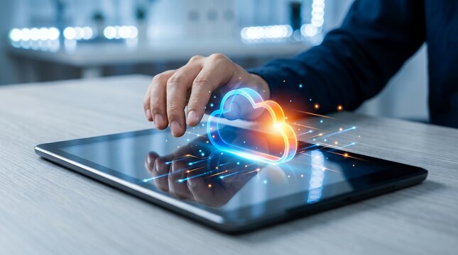 A person's hand interacts with a glowing holographic cloud icon projecting from a tablet screen with digital data streams flowing around it cloud computing technology internet network online - Powered by Adobe