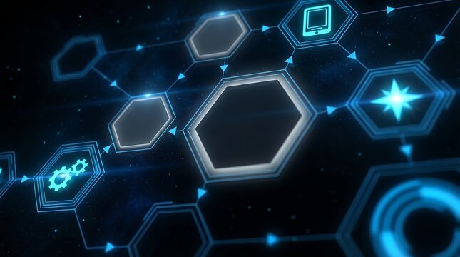 Abstract digital network of interconnected glowing blue hexagons with futuristic technology icons and connecting arrows on a starry cosmic background connection data communication system - Powered by Adobe